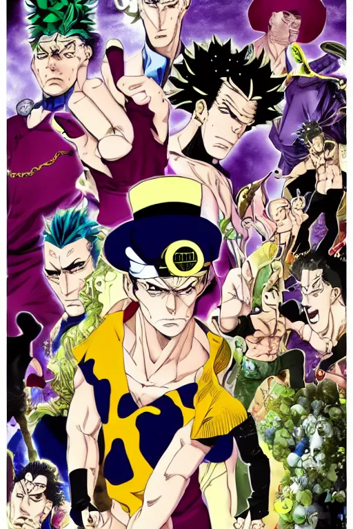 Prompt: jojo's bizarre adventure, jotaro kujo, kakyoin noriyaki, muhammad avdol, jean pierre polnareff, joseph joestar, manga, shounen jump, hirohiko araki art, manga cover, comic book, anime, giorno giovanna, star platinum