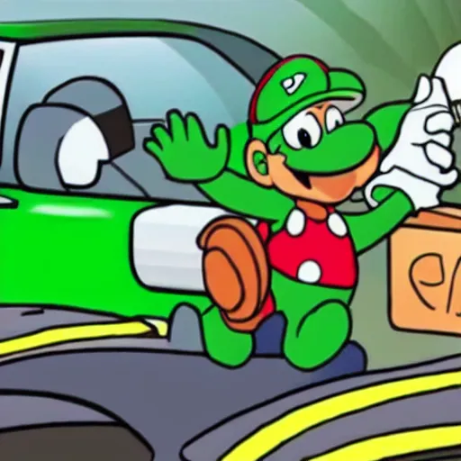 Image similar to photo of yoshi getting arrested for committing tax fraud, BuzzFeed photo (2022)