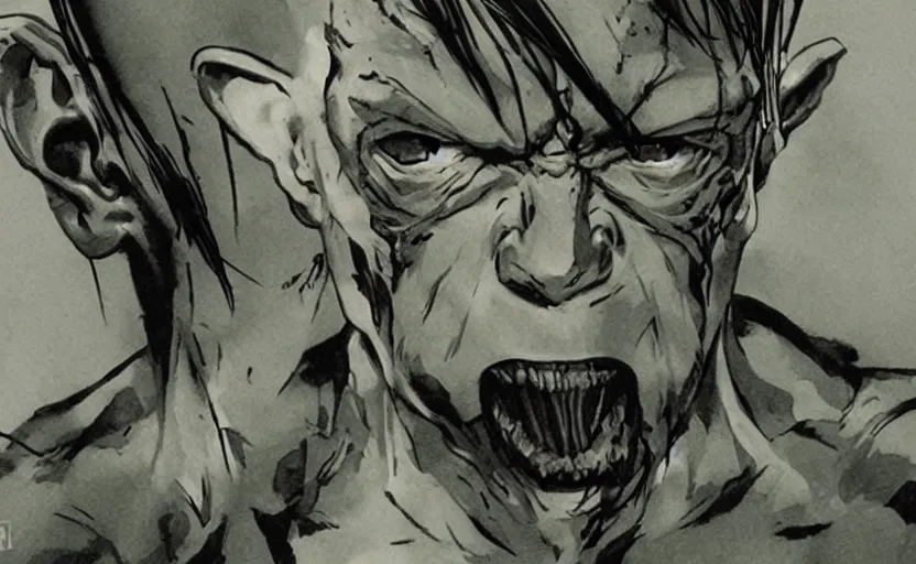 Image similar to yoji shinkawa drawing of gollum, metal gear solid