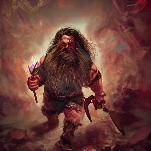 Image similar to a fantasy comic book style portrait painting of a dwarf berserker swinging axes, fighting monsters, octane render, hyperreal, 8 k