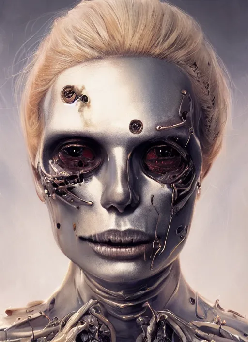 Image similar to A fancy portrait of Blonde girl half endoskeleton torn skin metallic skull by Greg Rutkowski, Sung Choi, Mitchell Mohrhauser, Maciej Kuciara, Johnson Ting, Maxim Verehin, Peter Konig, Bloodborne, 8k photorealistic, cinematic lighting, HD, high details, dramatic, atmospheric , trending on artstation