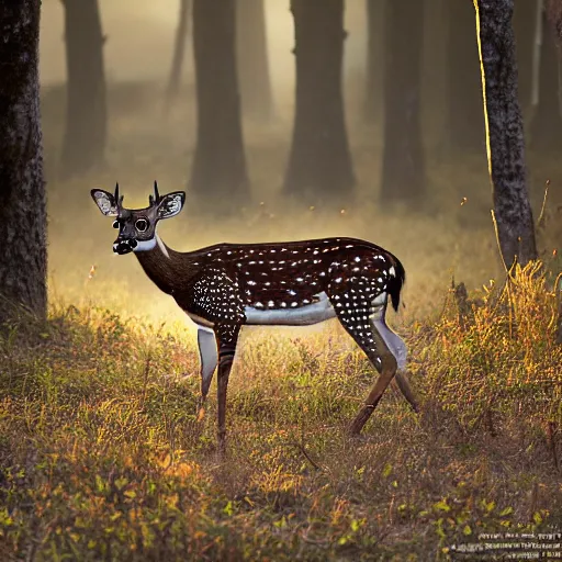 Image similar to a beautiful spotted deer in the woods lit by the morning sky, sunrise, chital, photorealistic, by annie leibovitz and steve mccurry, natural light, canon eos c 3 0 0, ƒ 1. 8, 3 5 mm, 8 k, medium - format print