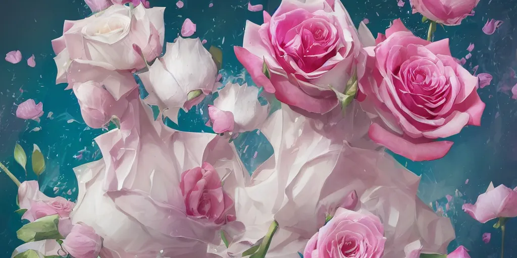 Image similar to magic invisible blade slicing through a bouquet of white and pink roses, flowers exploding and spraying, big puffy clouds, sharp rain, large rose petals, lotus petals, large polygonal background elements, large polygons, dramatic anime, dramatic lighting, artgerm, manga, trending on artstation, art nouveau, mature colors