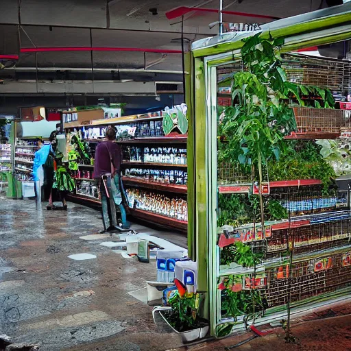 Image similar to a ransacked grocery store, broken signs, filthy flooring. Vines growing. Award-winning photo. OM system 12–40mm PRO II 40mm, 1/100 sec, f/2 8, ISO 800