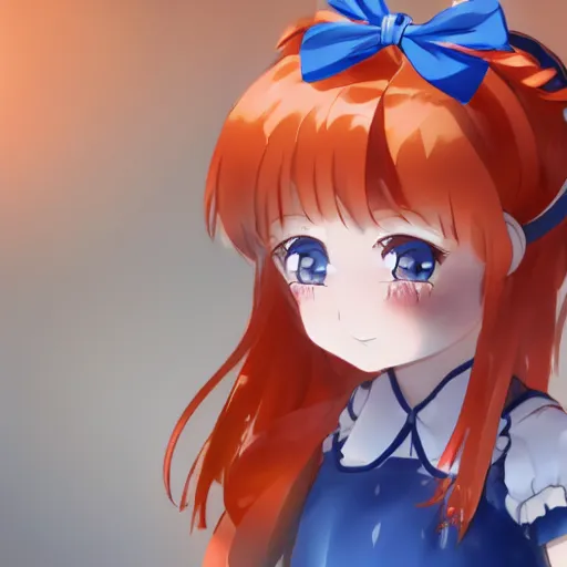 Image similar to little girl in a maid outfit with blue eyes, a red bow on her head, short light orange hair, anime, high detail