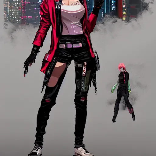 Image similar to a full body illustration of an Japanese female cyberpunk character with red hair, cyberpunk 2077 concept art, wearing oversized gold techwear jacket revealing tank top underneath, torn punk leather pants, highly detailed, soft lighting, by Stanley Artgerm Lau, WLOP, Rossdraws, James Jean, Andrei Riabovitchev, Marc Simonetti, and Sakimichan, HD, 4K