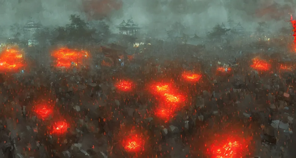 Image similar to craig mullins and ghibli digital art of zhongyuan festival in china ， red lanterns ， gohst door with fire in thes ky, black night sky, stars, below is the crowd, rivers, villages ， unreal engine, hyper realism, realistic shading, cinematic composition, realistic render, octane render, detailed textures, photorealistic, wide shot