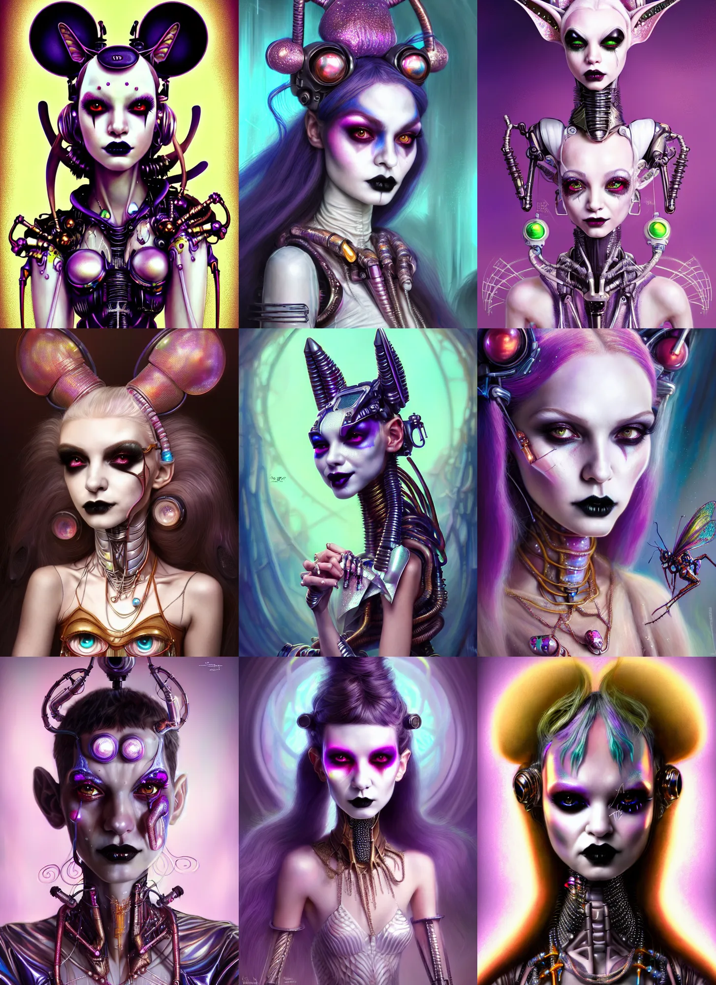 Prompt: disney weta portrait, soft lustrous biotech raver white goth clowncore insectoid cyborg, bling, hi - fructose, sci - fi fantasy cyberpunk intricate decadent highly - detailed digital painting, ever after high, octane render, artstation, concept art, smooth, sharp focus, illustration, art by artgerm, mucha, loish, wlop