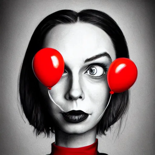 Prompt: surrealism grunge cartoon portrait sketch of margot robbie with a wide smile and a red balloon by - michael karcz, loony toons style, homer simpson style style, horror theme, detailed, elegant, intricate