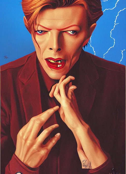 Prompt: twin peaks poster art, portrait of david bowie fights off the temptation to deindividuation, by michael whelan, rossetti bouguereau, artgerm, retro, nostalgic, old fashioned