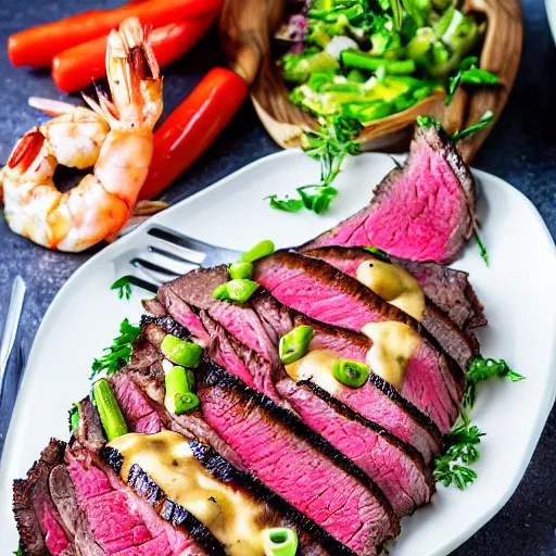 Prompt: advertising photography of a delicious 24oz sliced and smoked steak, drizzled with melted mozzarella cheese on top of it, with a seasoned vegetable and shrimp medley on the side, award-winning photograph