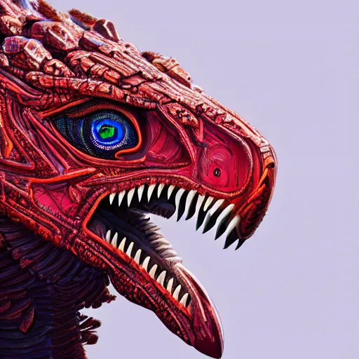 Prompt: 8k ultra realistic Illustration of a complete raptor with shining red eyes, detailed intricate ornate armour, decaing, cybernetic body, full of colour, cinematic lighting, battered, trending on artstation, 4k, hyperrealistic, focused, extreme details, unreal engine 5, cinematic, masterpiece
