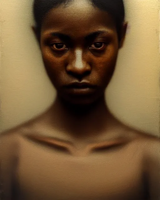 Prompt: a close up portrait a very ordinary young woman with an blank expression, by sarah moon, very dark skin, very blurry, translucent skin, foggy, oil painting, photorealistic, anatomically correct, beautiful perfect face, visible brushstrokes, sharp focus, highly detailed, cinematic lighting, 8 k, hd