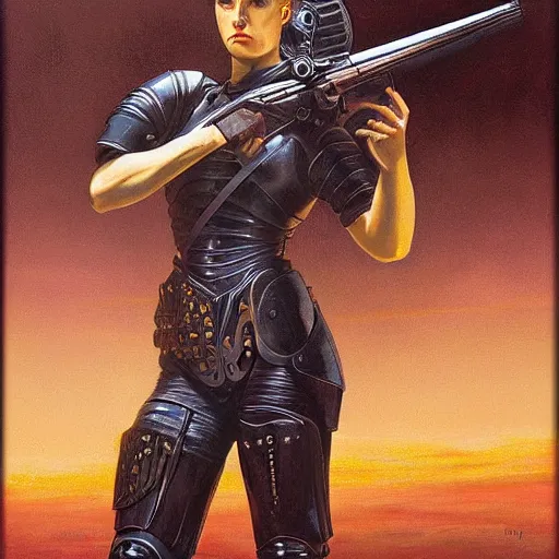 Image similar to portrait of a female knight with a shotgun, by gerald brom