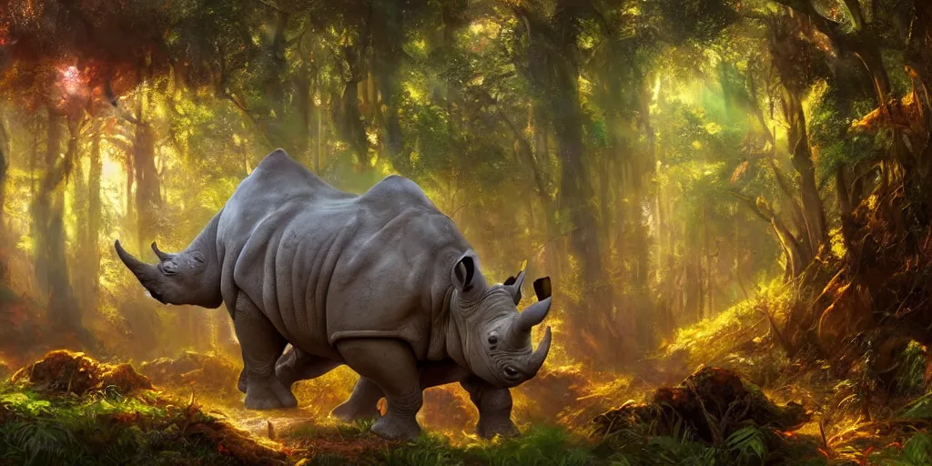 Prompt: rhino in the forest, magical energies emanating from it, god rays, wide angle, fantasy art, matte painting, sharp focus, vibrant colors, high contrast, illustration, art by justin gerard