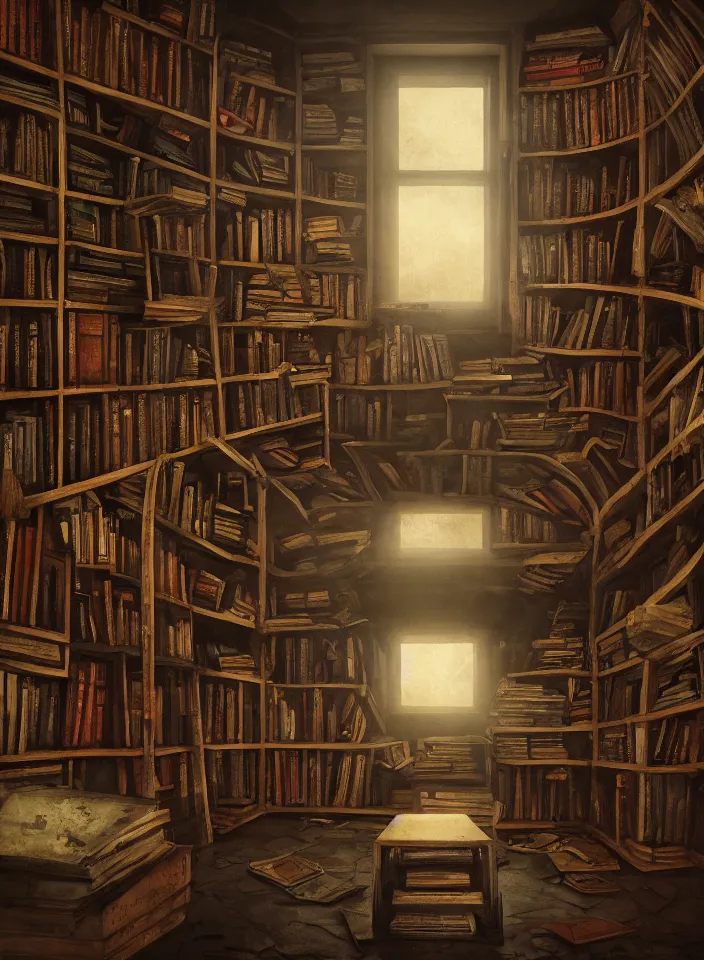 Prompt: an abandoned cozy library, fantasy setting, dusty environment, drab colors, serene lighting, atmospheric, cinematic, moody, in the style of diego koi, gina heyer, luiz escanuela, art by alyssa monk, hyperrealism, rule of thirds, golden ratio, oil on canvas, 8 k