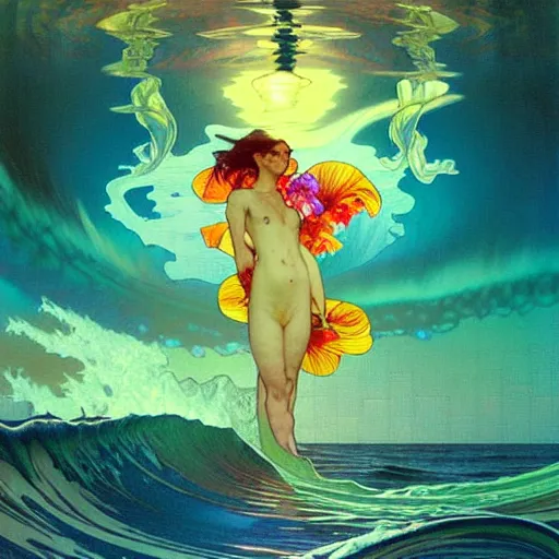 Image similar to orchid flower surrounded by ocean wave, lsd water, dmt waves, backlit, sunset, refracted lighting, art by collier, albert aublet, krenz cushart, artem demura, alphonse mucha