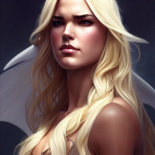 Image similar to Odette Annable with blonde hair as Bat Girl, western, D&D, fantasy, intricate, elegant, highly detailed, digital painting, artstation, concept art, matte, sharp focus, illustration, art by Artgerm and Greg Rutkowski and Alphonse Mucha