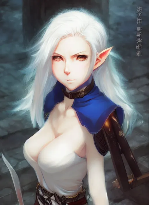 Prompt: An anime portrait of a white-haired short-haired big-eyed round-faced elf assassin with short hair and blue eyes, by Stanley Artgerm Lau, WLOP, Rossdraws, James Jean, Andrei Riabovitchev, Marc Simonetti, and Sakimichan, tranding on artstation