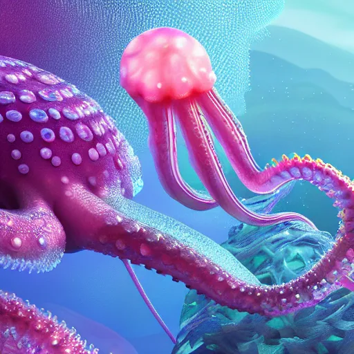 Image similar to underwater crystals, octopus character or jellyfish, illustrations, 3 d render, illustrated, incredible details, highly detailed, photorealistic, disney pixar, octane render, iridescent, anime, 8 k