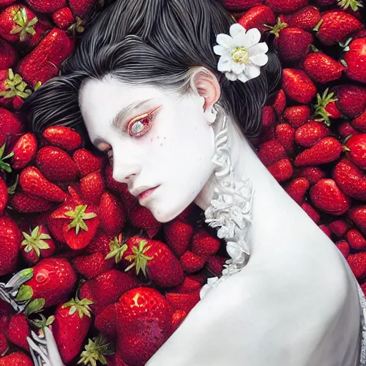 Prompt: the portrait of an absurdly beautiful, graceful, elegant, sophisticated, fashionable woman made of strawberries and white petals looking down, an ultrafine hyperdetailed illustration by kim jung gi, irakli nadar, intricate linework, bright colors, octopath traveler, final fantasy, unreal engine 5 highly rendered, global illumination, radiant light, detailed and intricate environment