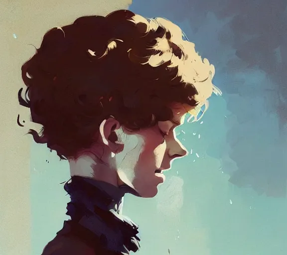 Image similar to portrait woman with short ginger curly hair on the duel with a men, by atey ghailan, by greg rutkowski, by greg tocchini, by james gilleard, by joe fenton, by kaethe butcher, by ashley wood, dynamic lighting, gradient light blue, brown, blonde cream and white color scheme, grunge aesthetic