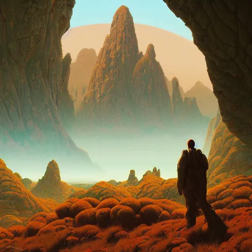 Prompt: A beautiful landscape on an alien planet with giant seeds, and wavy vegetation Giant Amaranth and rock album cover in the valley by Pablo Picaso, greg rutkowski, Ilya Kuvshinov, Chesley Bonestell, Zdzisław Beksiński Trending on artstation and SF ART