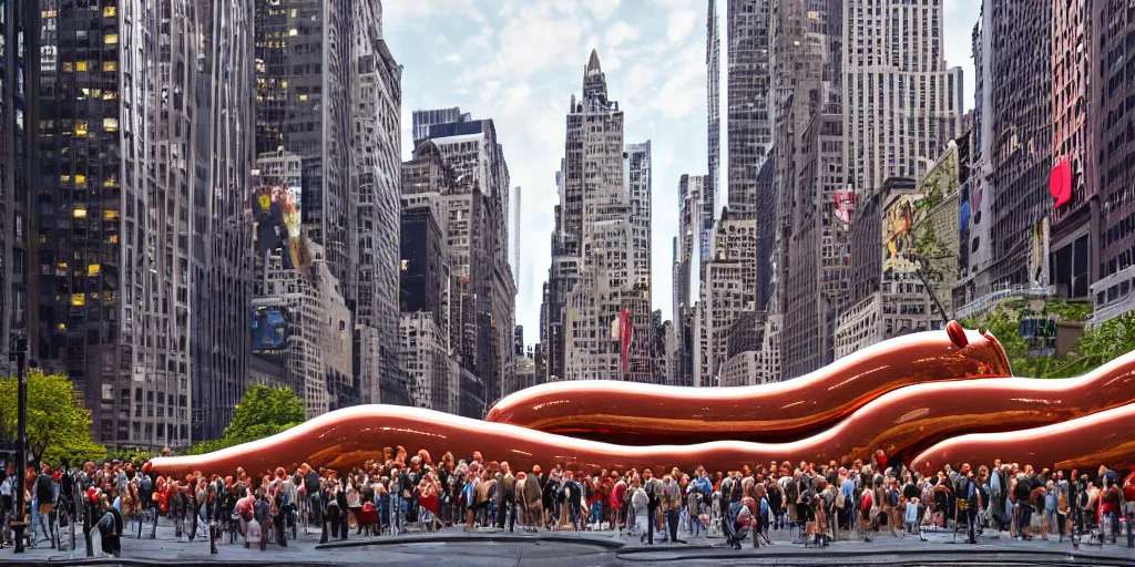 Prompt: a photograph of a giant metallic hotdog sculpture in the center of a new york street, a large crowd have gathered, by jeff koons, chrome, silver, reflections, pop art, 3D render, Volumetric dynamic lighting, Highly Detailed, Cinematic Lighting, Unreal Engine, 8k, HD