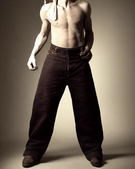 Prompt: an award - winning photo of an ancient male model wearing a plain boot cut flared distressed medieval designer menswear trousers designed by kapital, 4 k, studio lighting, wide angle lens, 2 0 0 4