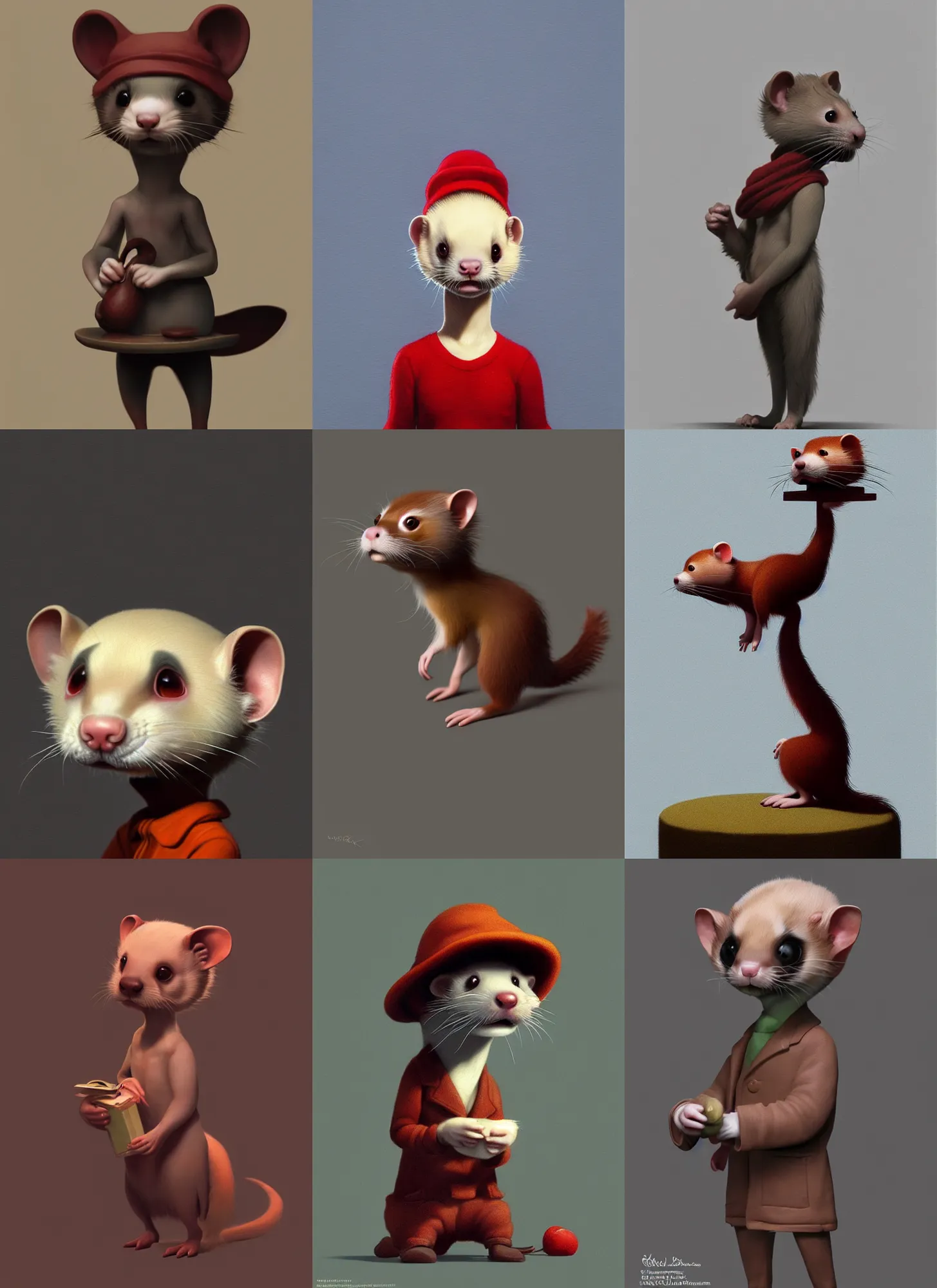 Prompt: character concept sculpt of a ferret named the little thief, Edward Hopper and James Gilleard, Zdzislaw Beksinski, Mark Ryden, Wolfgang Lettl highly detailed, hints of Yayoi Kasuma, Peter Tarka, trending on artstation, 3D rendering, unreal engine 5, modded