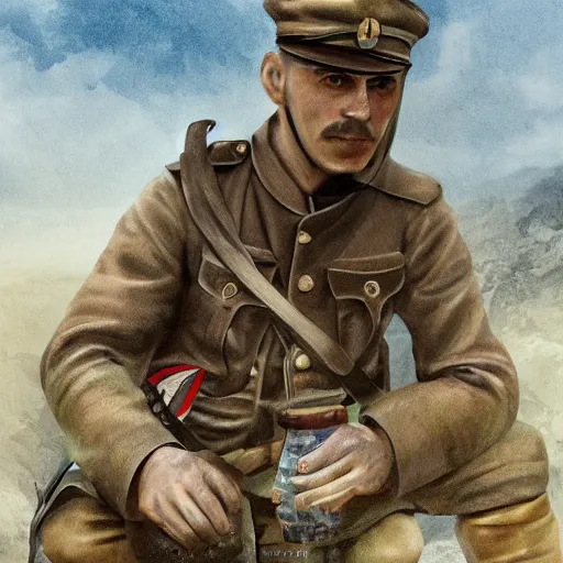 Prompt: serbian soldier from ww1, drinking beer, siting on rock, digital art, detailed, 4k