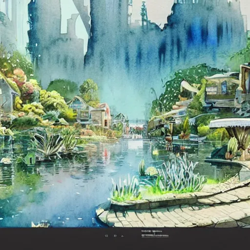 Image similar to Beautiful happy picturesque charming sci-fi town in harmony with nature. Beautiful light. Water and plants. Nice colour scheme, soft warm colour. Beautiful detailed watercolor by Lurid. (2022)