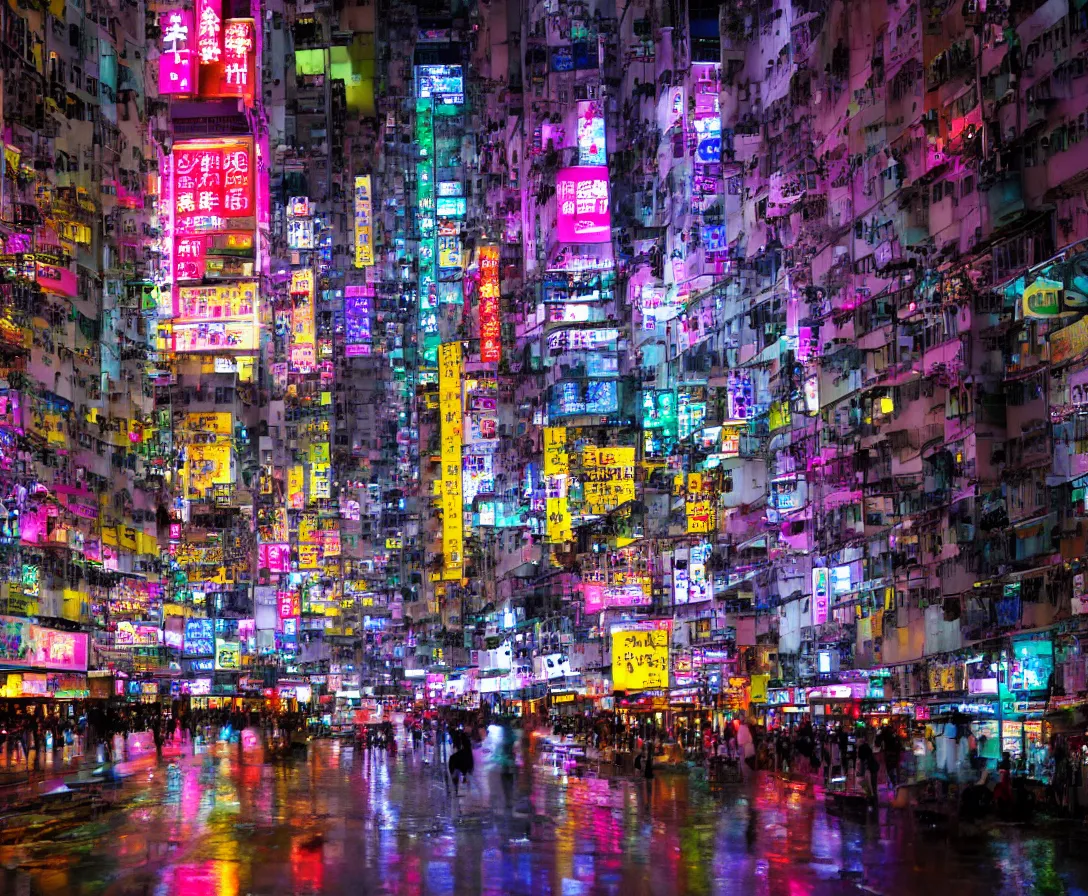 Prompt: neo hong kong, rainy atmosphere, night time, bright lights, colorful signs, busy streets, high res, kowloon | old ancient chinese website full of spam. internet explorer window is glitching out. mum wtf | cybergoth decora glitchcore yokai girl, sanrio ornaments, pastel cute cinematography