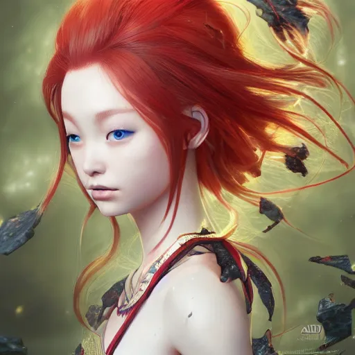 Prompt: highly detailed key visual concept portrait of a red hair beautiful girl in a genshin impact, fantasy illustration, by coco kim, photorealistic, unreal engine, blender render, detailed and intricate environment, trending on artstation