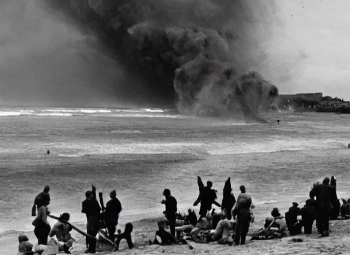 Prompt: vintage photo of a pizza party on omaha beach in normandy with explosions in the background