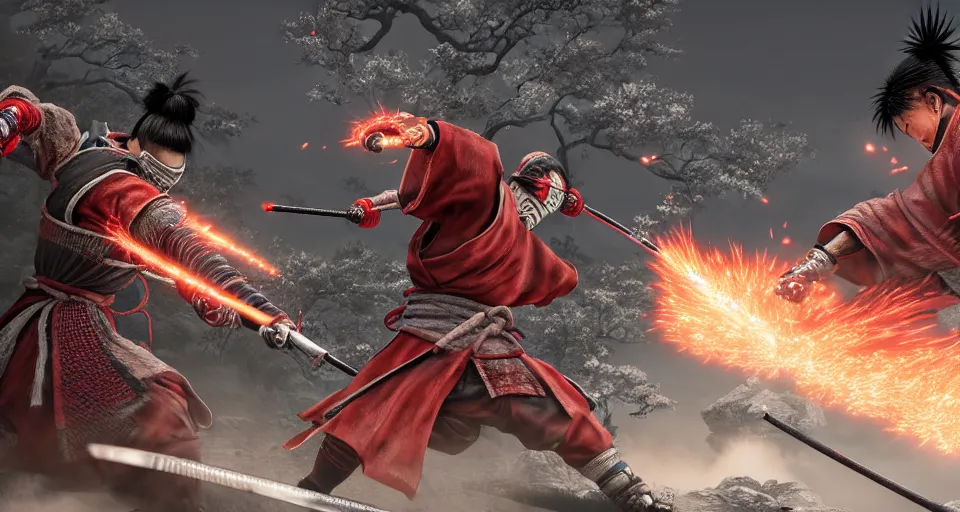 Image similar to Sekiro fighting Ryu Hayabusa in front of a shinto shrine, digital painting, 8k ultra realistic, atmosphere, glow, detailed, cinematic lighting, trending on artstation, 4k, full of color, hyperrealistic, extreme details