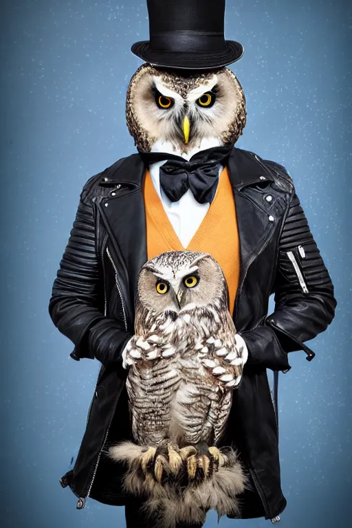 Prompt: cute owl wearing black biker jacket, portrait photo, backlit, studio photo, bow tie, background colorful, kobalt blue, tophat