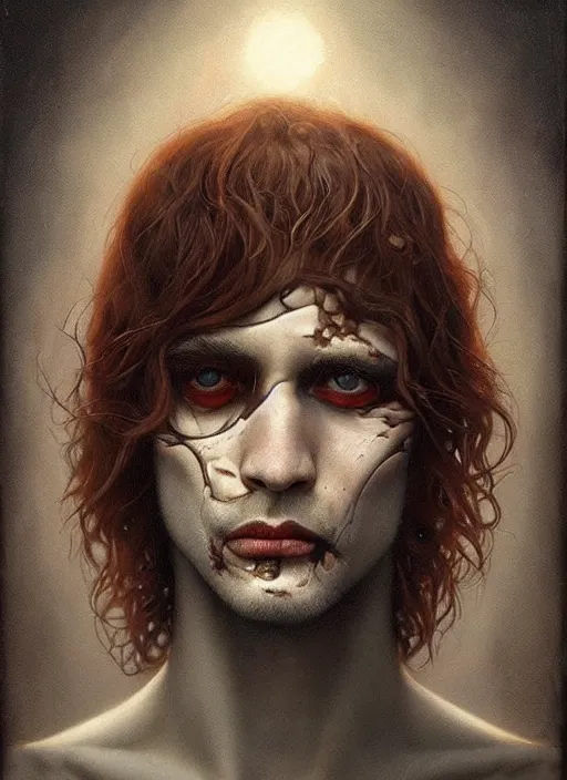 Prompt: a malevolent portrait of a scarred man with beautiful eyes and short brown hair, art by tom bagshaw