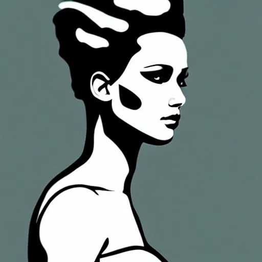 Image similar to supermodel jennifer lawrence as the bride of frankenstein, patrick nagel art style, relistic, fashion pohotography