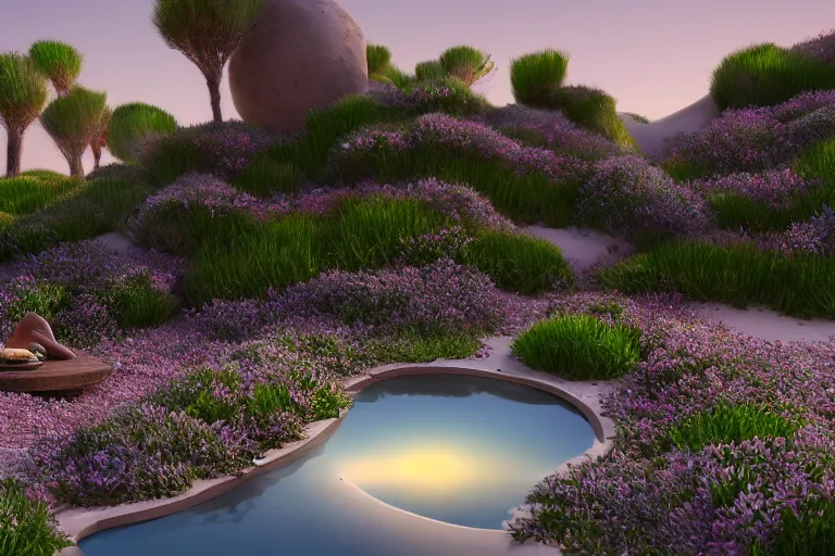 Image similar to perfume bottle buried flowers at a blurred background zen oasis hotspring by peter tarka in the middle of a desert with little flowers, soft lilac skies, silky smooth, dramatic, mid day, sand dune background, large scale, wind - swept, lots of detail, realistic lighting, octane render, by wlop, artgerm, trending on artstation