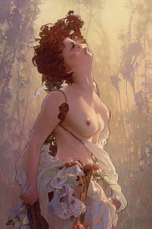 Prompt: beautiful natural coy cottagecore goddess maiden, master life drawing, intricate, elegant, highly detailed, digital painting, artstation, concept art, smooth, sharp focus, illustration, art alphonse mucha and james gurney and craig mullins and wlop