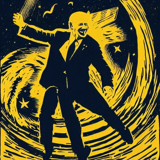 Prompt: Woodcut portrait of joe biden falling into the stars by greg rutkowski, 4k, intricate details