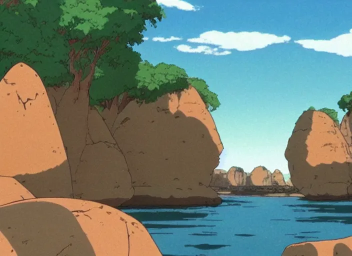 Image similar to bathed in sun, pleasing morning, appealing smooth flat rocky environment sunningrocks by the river's shore, sparse clearing, still placid environment matte painting from studio ghibli and the fox and the hound ( 1 9 8 1 )