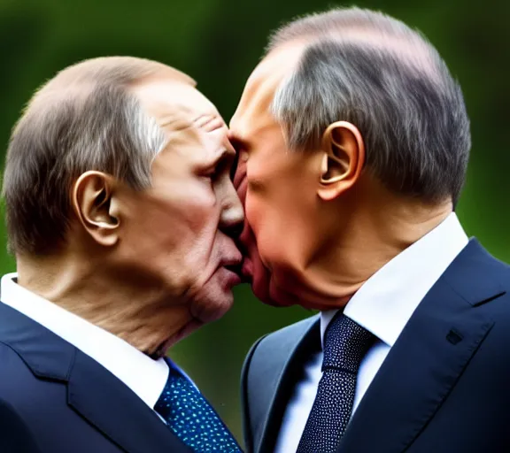 Prompt: a photo of vladimir putin kisses sergey lavrov, animals mating, lovely kiss, kiss mouth to mouth, romantic, emotional, love scene, insane details, clear face, clear eyes, textured, 8 k, professional photography, animal world, discovery channel, dslr, focus, zeiss lense, 5 0 mpx
