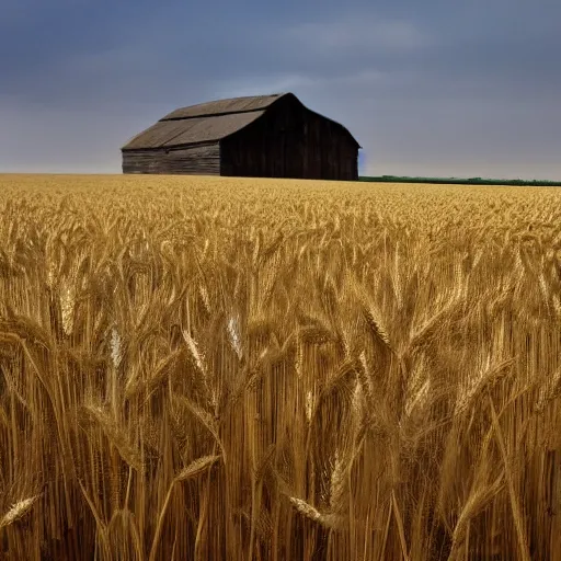 Prompt: endless field of wheat with abandoned barn