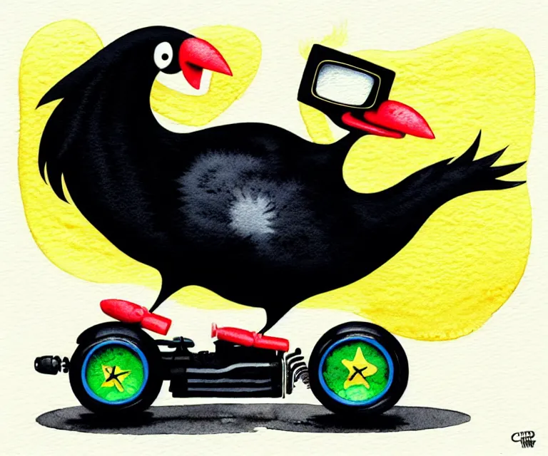 Image similar to cute and funny, black chicken wearing goggles driving a tiny hot rod with an oversized engine, ratfink style by ed roth, centered award winning watercolor pen illustration, isometric illustration by chihiro iwasaki, edited by craola, tiny details by artgerm and watercolor girl, symmetrically isometrically centered