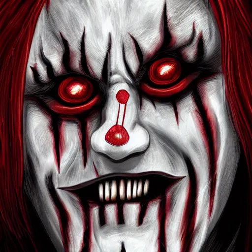 Image similar to a killer clown with sharp fangs and scars, hyper-detailed digital painting