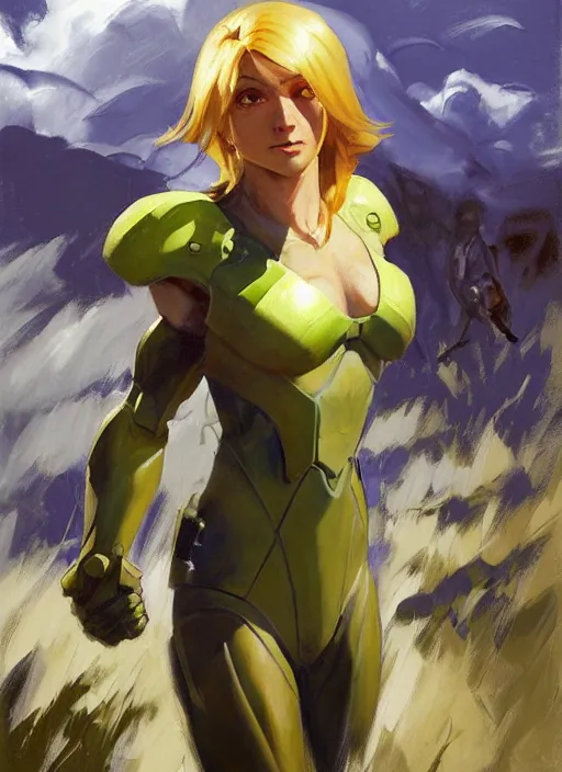 Image similar to Greg Manchess painting of Samus from Metroid Prime, countryside, calm, fantasy character portrait, dynamic pose, above view, sunny day, thunder clouds in the sky, artwork by Jeremy Lipkin and Giuseppe Dangelico Pino and Michael Garmash and Rob Rey, very coherent asymmetrical artwork, sharp edges, perfect face, simple form, 100mm