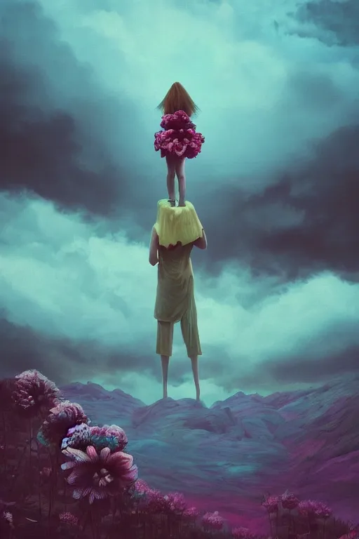 Image similar to closeup giant dahlia flower as head, girl standing on mountain, surreal photography, blue storm clouds, dramatic light, impressionist painting, digital painting, artstation, simon stalenhag