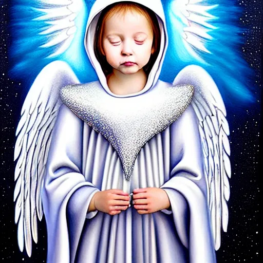 Image similar to beautiful high details hyper realistic painting of white angel in the hood coming from space with giant ball of miracle light from the chest!!!!!, 4 k hd face!!!, fashion cute face, no gender, giant silver holographic wings, by jan van eyck, holography space, white sparkles everywhere, thin strokes, high textures, silver background